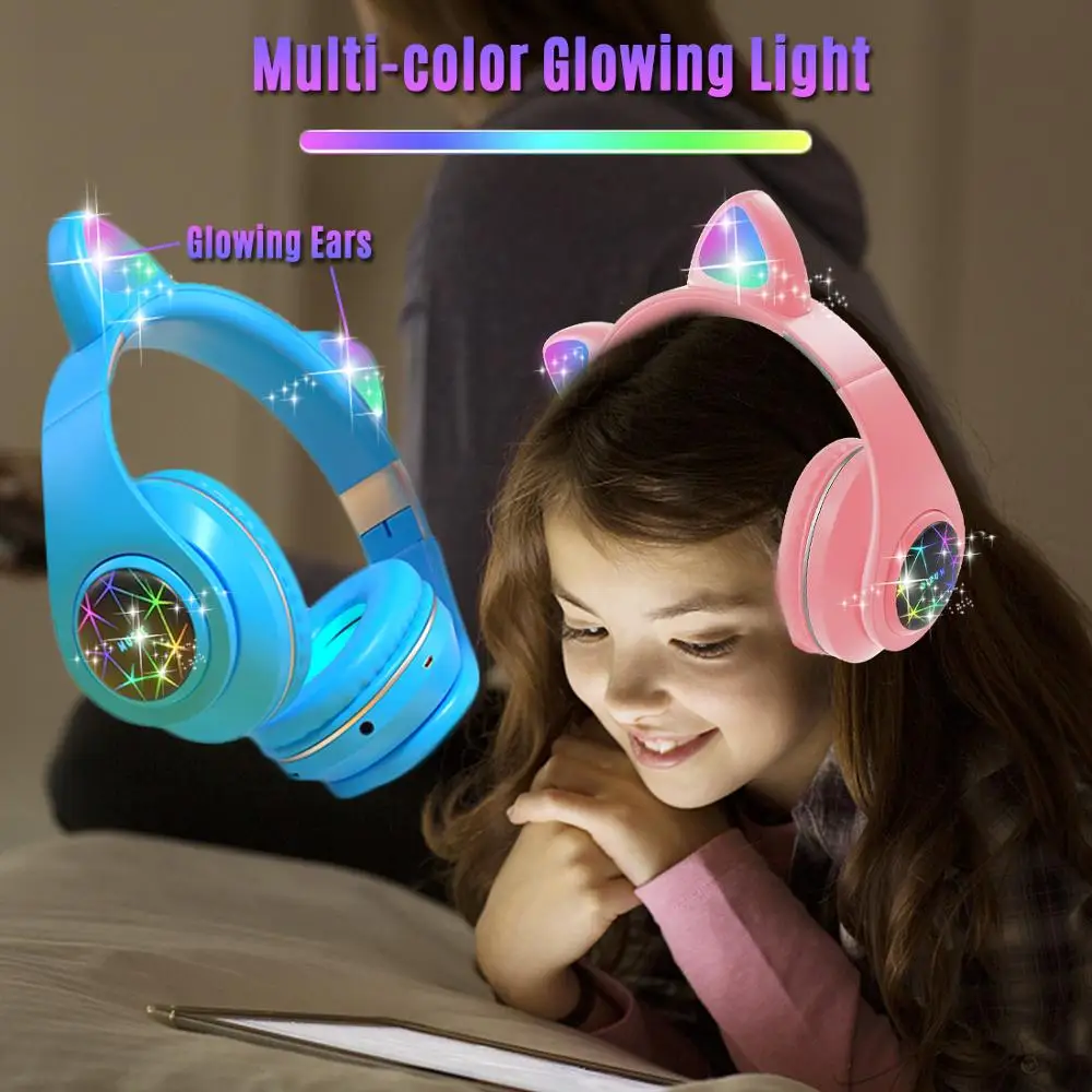 Kids Bluetooth 5 0 Headphone Glowing Cat Ear Bluetooth Headset Music Headsets with MIC for Handsfree Support TF Card AUX Play