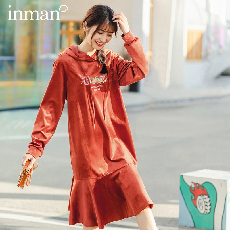 INMAN Winter Hooded Drawstring Rotator Cuff Velvet Loose Fishtail Long Sleeve Dress Woman | Женская одежда
