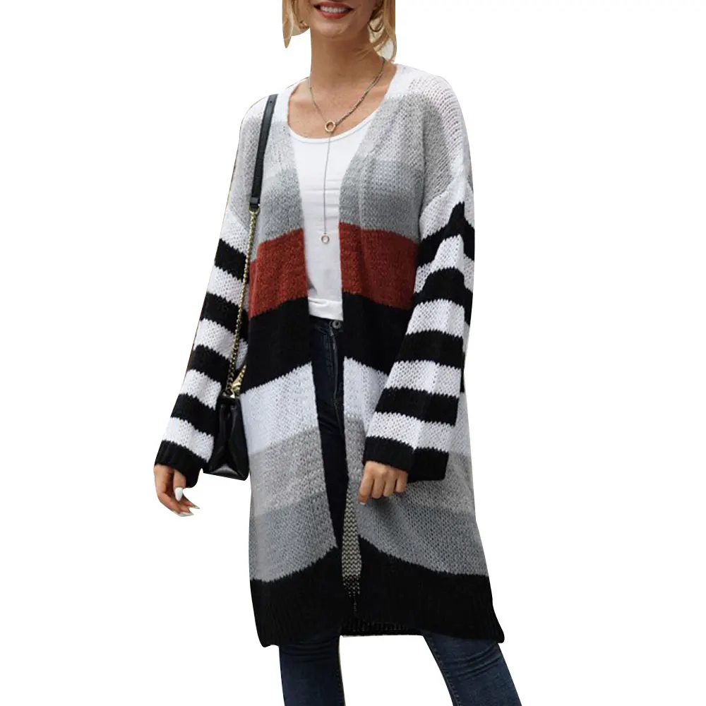 

Puimentiua Autumn Women Winter Knitted Cardigans Casual Rainbow Striped Sweater Patchwork Jumpers Femme Long Drape Sweter Mujer