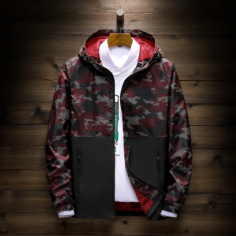 

Spring jaqueta camuflada jaqueta masculina thin color matching hooded windbreaker jackets men's casual giacca cappotto uomo