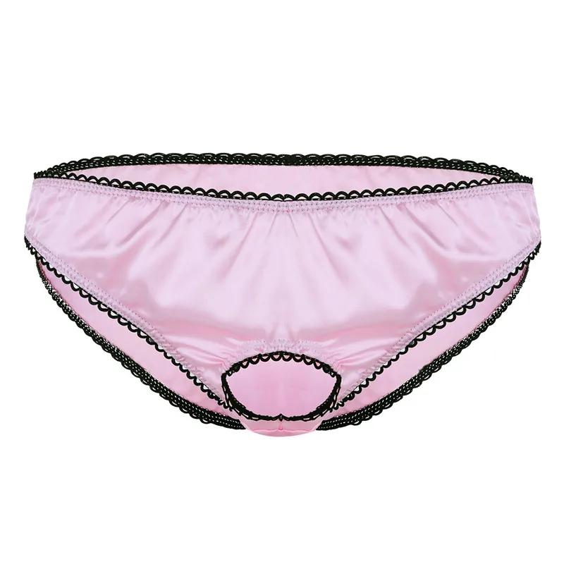 Pink Мужское нижнее белье Homme Sissy, сексуальные экзотические трусики с отверстием для пениса, мягкие атласные трусы-бикини с низкой посадкой, изысканное нижнее белье для мужчин, геев - Цвет: Pink
