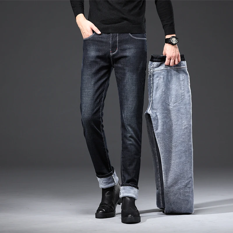 VROKINO Зимние новые модные черные тонкие джинсы Молодежные толстые бархатные теплые повседневные джинсы мужские зимние брюки 2 стиля