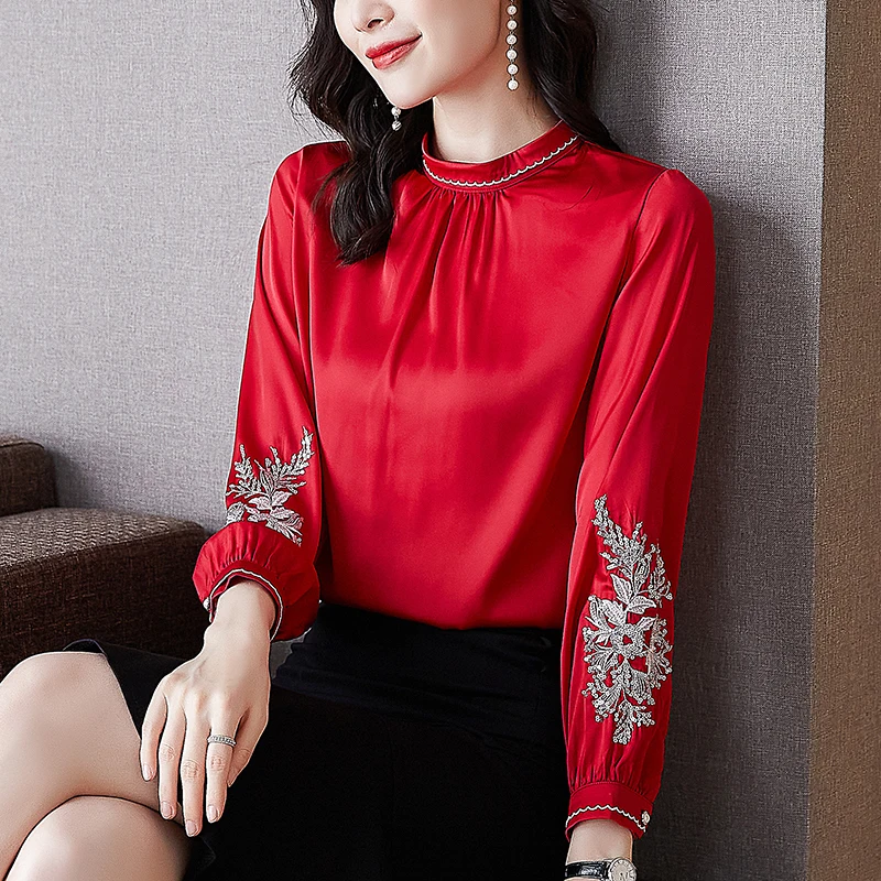 Korean Women Shirt Silk Blouses Woman Embroidery Blouse Women Long Sleeve Shirts Tops Woman Satin Print Blouse Top Plus Size 3XL