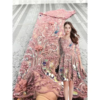 

three-dimensional flower embroidered lace fabric for wedding party dress 2020 high quality african sequin lace fabric 5yards