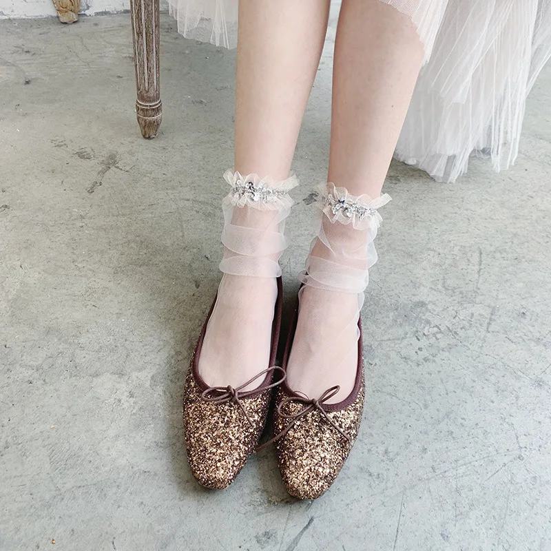 

Women Socks Transparent Breathable Silver Sequins Patchwork Socks Shiny Spring Summer Thin Elastic Mesh Ankle Socks Woman