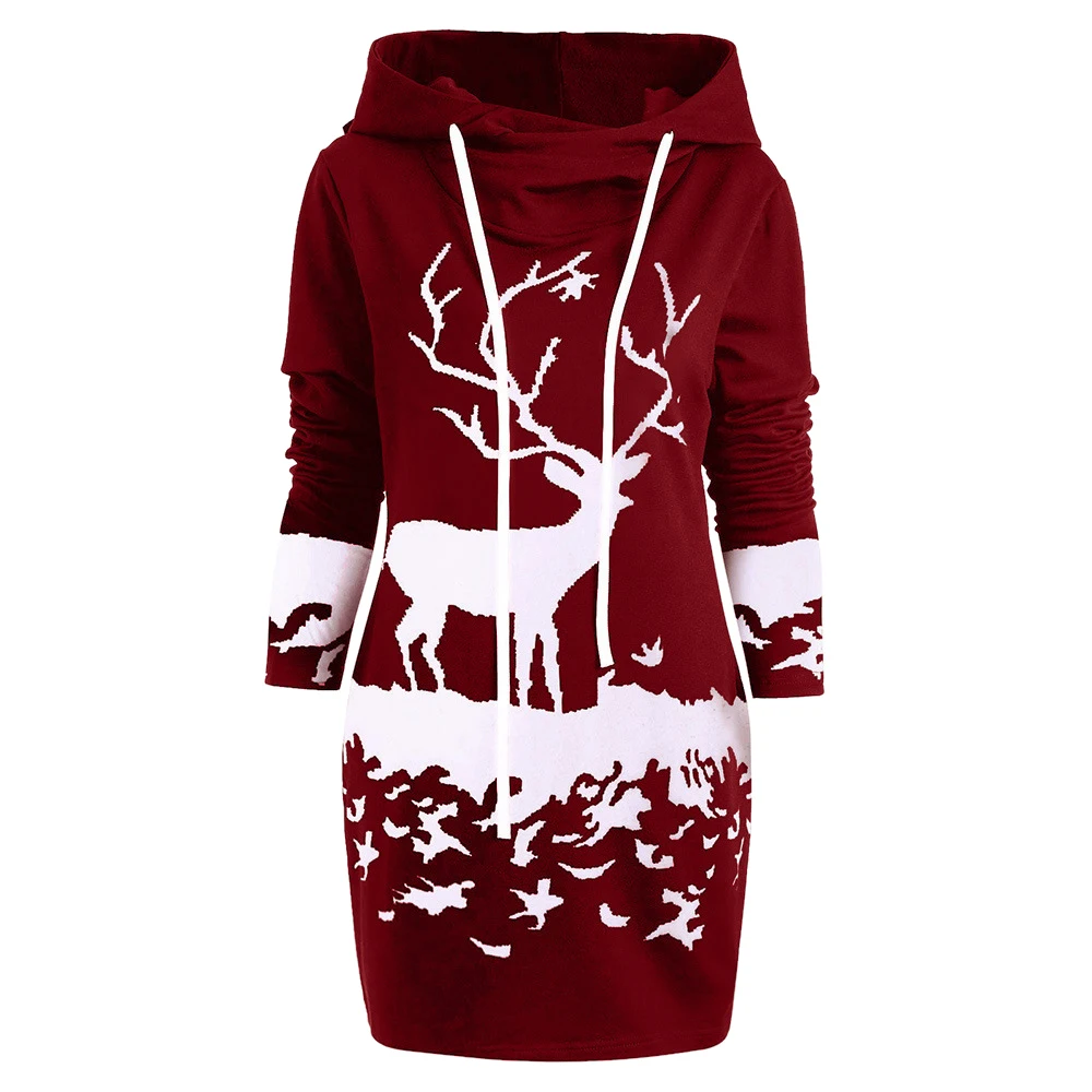 MoneRffi, женский свитер, Рождественский монохромный с принтом оленя, длинный пуловер с капюшоном, Femme, рождественское мини платье на шнурке