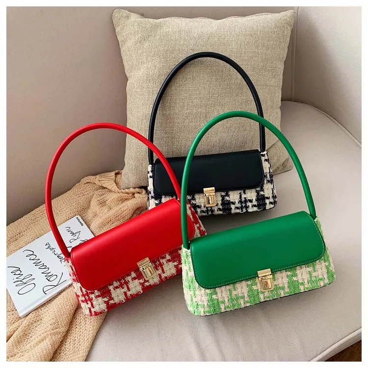 Winter Wool Plaid Small Shoulder Bag for Women Modern Handbags Mini Baguette Bags PU leather Lock Tote Black White Red Green Bag (1)