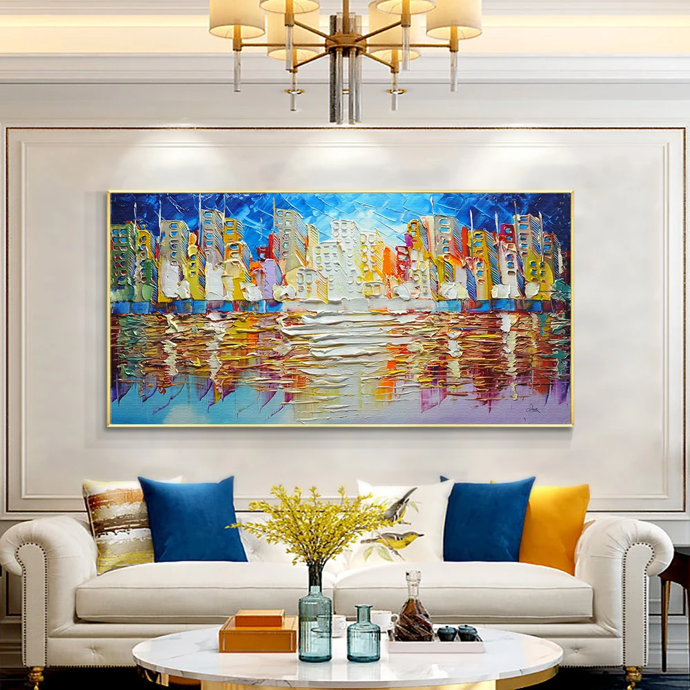 

Abstract City Buliding Colorful Hand Painted Oil Painting Print On Canvas Thick Palette Knife Painting Wall Art For Home Decor
