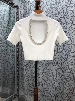 

2020 Early Autumn New Women's Small High Collar Beaded Decorative Chest Hollow Short-Sleeved Top 717