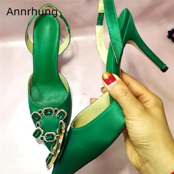 

Luxury Satin 2020 Summer Party Shoes Woman Stiletto Heel Pointed Toe Back Strap Jeweled Crystal Buckle Decor Sandals Women