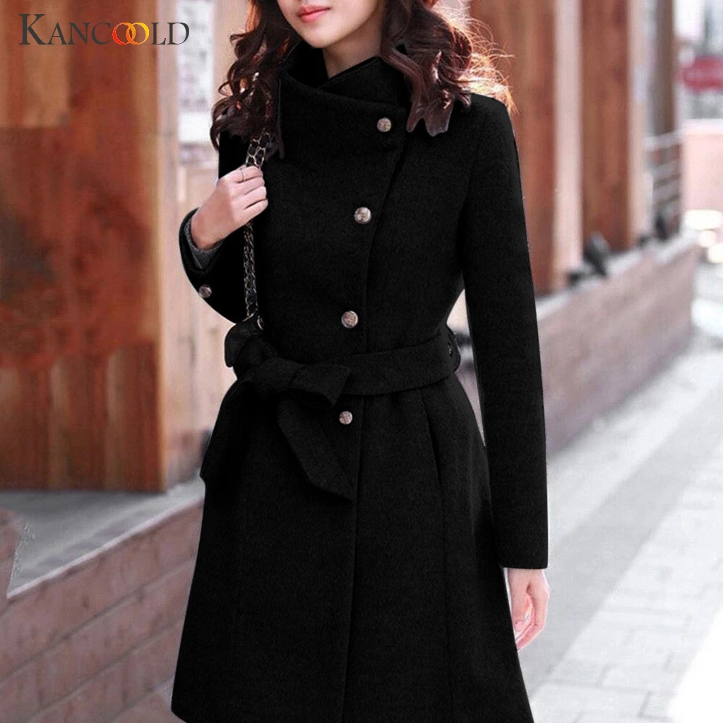 KANCOOLD, Женская шерстяная куртка с лацканами, пальто с длинным рукавом, верхняя одежда, куртка на пуговицах с поясом, повседневное длинное пальто, элегантное пальто, топы