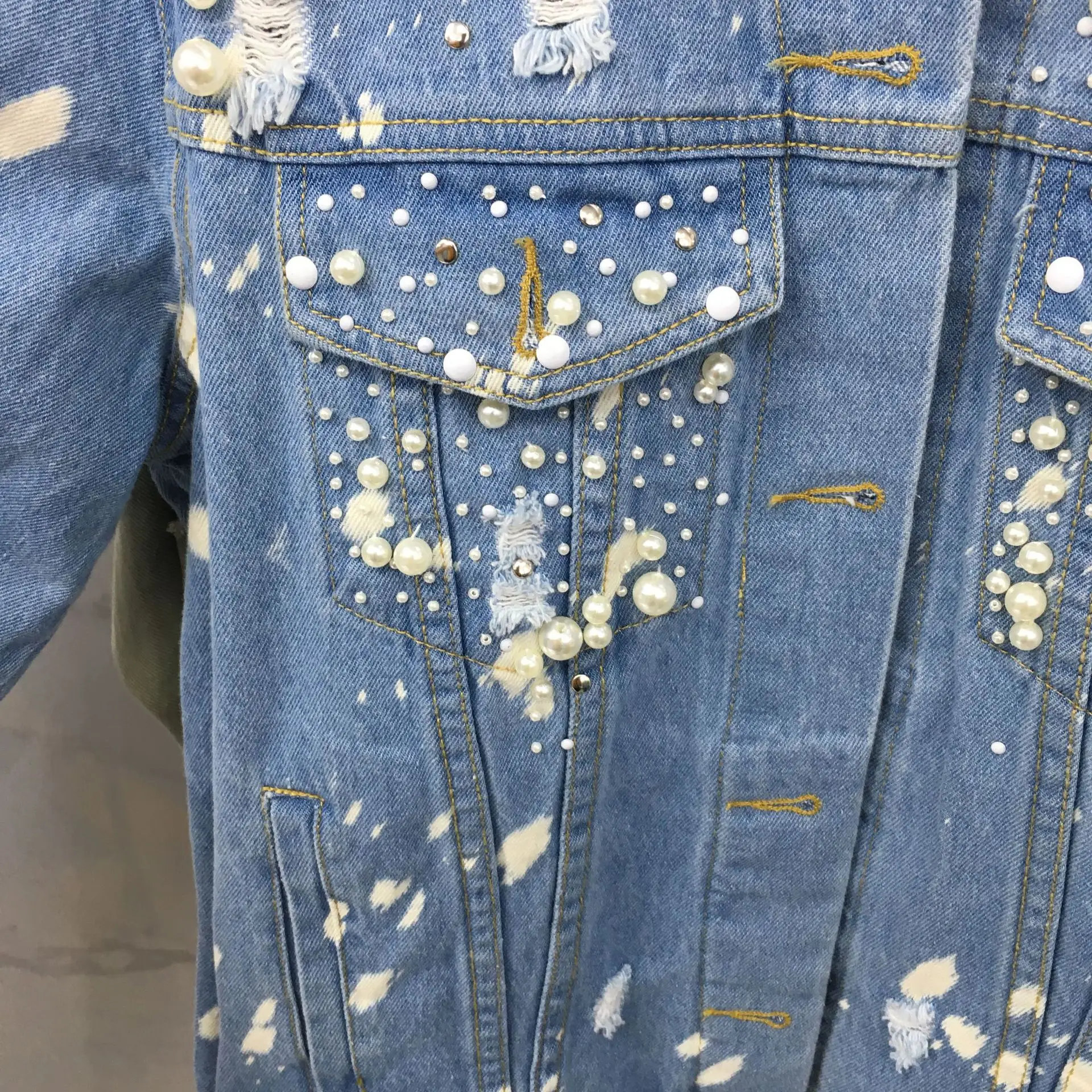 

Europe And America Autumn Popular Brand Beads with Holes Frayed Loose-Fit Cool Retro Washing Casual Long Sleeve Jacket Jeans Coa