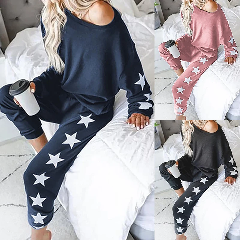 

Casual Long Sleeve Two Pieces Sets For Women Slash Neck Sweatshirt+Five-Pointed Star Print Sweatpants Femme Loose 2 PC Tracksuit