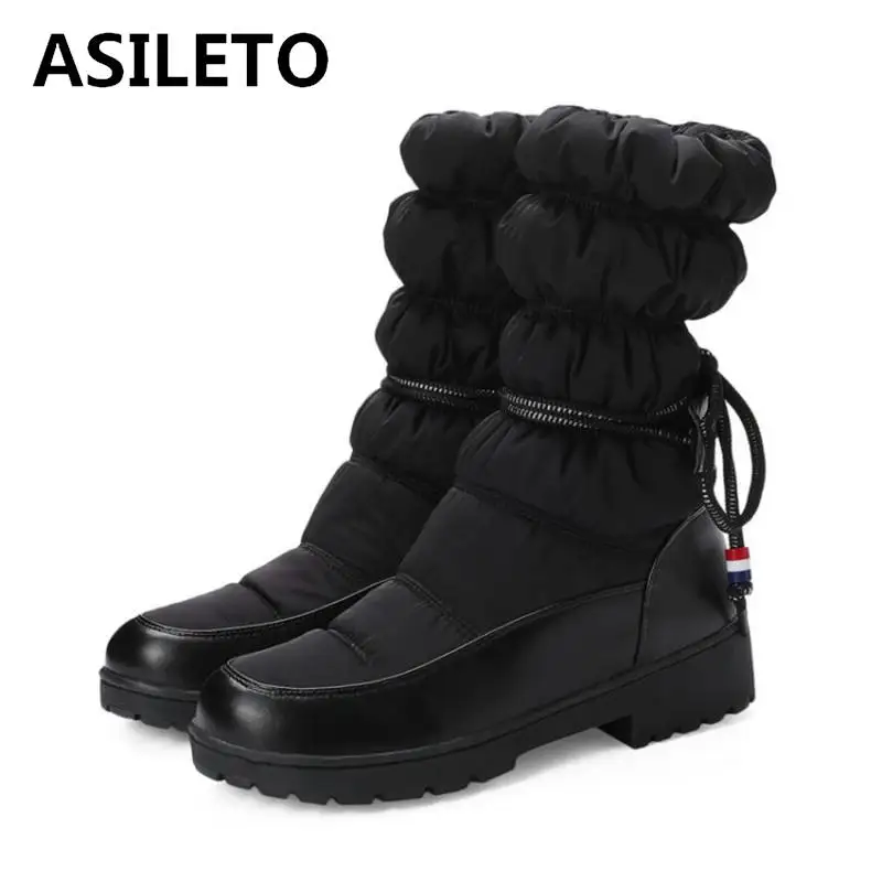 

ASILETO Women Mid-Calf Boots Round Toe Winter Snow Boots Waterproof down Platform Elastic band Faux leather Boots Big size 43