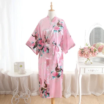 

Women Long Robe Print Flower Kimono Bathrobe Satin Nightgown Bride Bridesmaid Wedding Robes Sexy Sleepwear Lady Wedding Gift