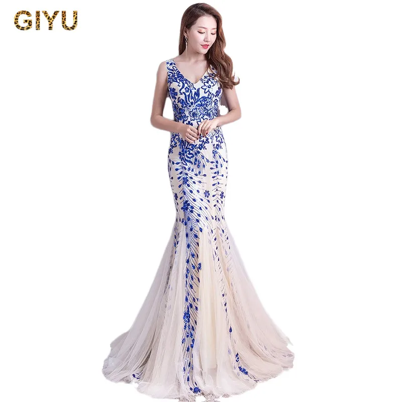 

Women Evening Dress Elegant Sequin Long Prom Party Dress Maxi Floor Length Sleeveless Sexy V Neck Mermaid Celebrity Dresses Gown