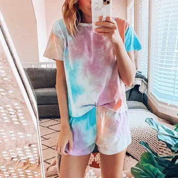 

KALENMOS 2 Piece Sets Women Tie Dye Print Homewear Casual Tshirt Biker Shorts Sports Tracksuits Sleepwear Pajamas Lounge Wear