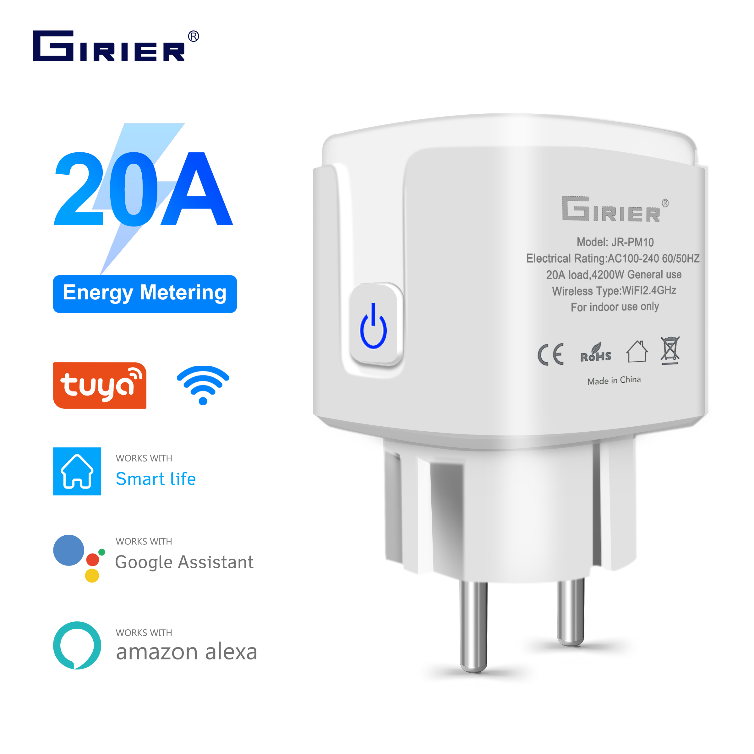 GIRIER Tuya Smart Wifi Plug 20A Remote Control Smart Socket Outlet EU Power Monitor Timer Function Works with Alexa Google Home