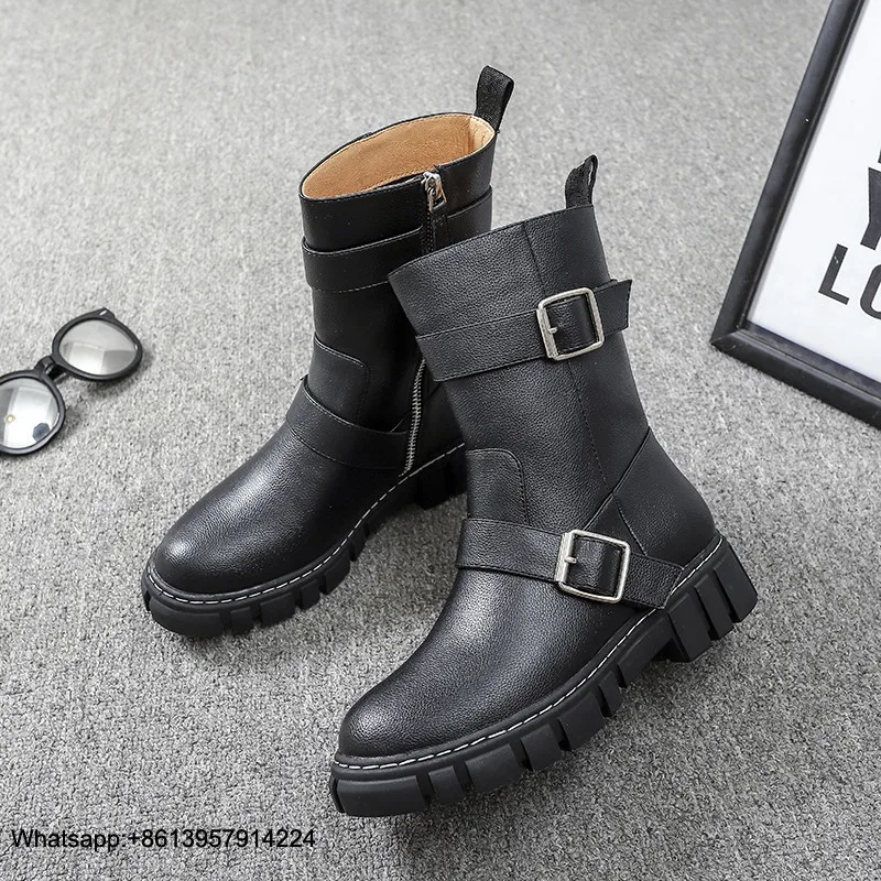 Ботинки; кожаная женская обувь; модные ботинки на молнии с пряжкой; chaussures femme; зимняя женская обувь с круглым носком; обувь на среднем каблуке