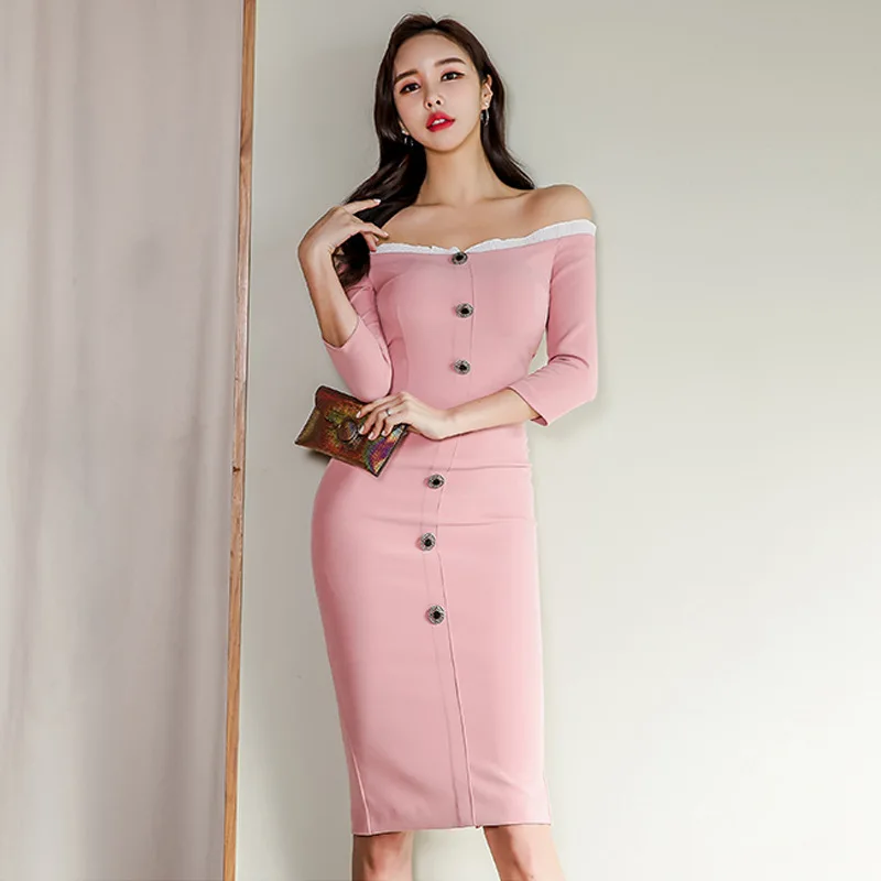 

2019 Spring Clothing New Products Debutante Elegant Horizontal Neck Frilled Slim Fit Sheath One-step Skirt Dress Women's