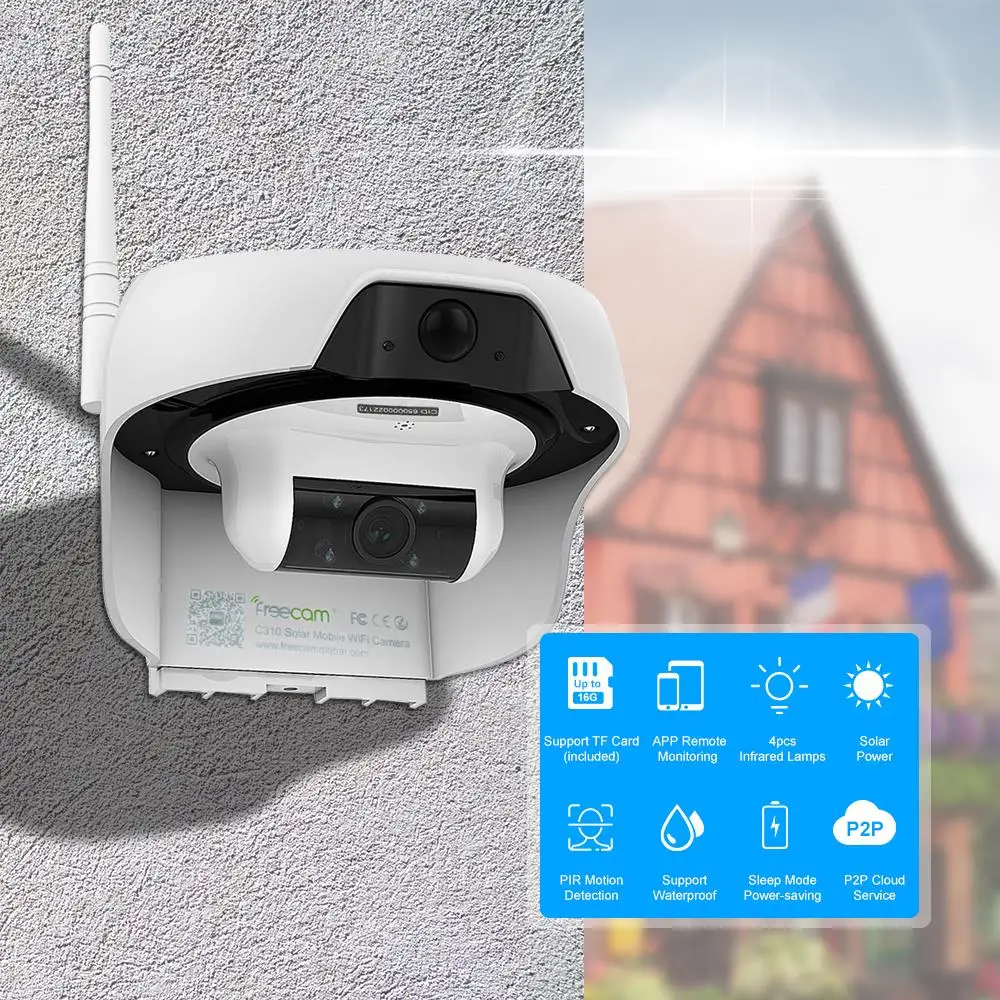 

FREECAM Wireless 720P Solar Powered WiFi IP Camera Motion-Activated Security Camera PIR Motion Sensor IR Night Vision