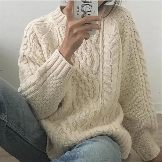 Winter Thicken Twisted Knitting Sweater Pullover Women Long Sleeve O-neck Female Korean Casual Fashion Tops Sweaters Femme - Цвет: beige