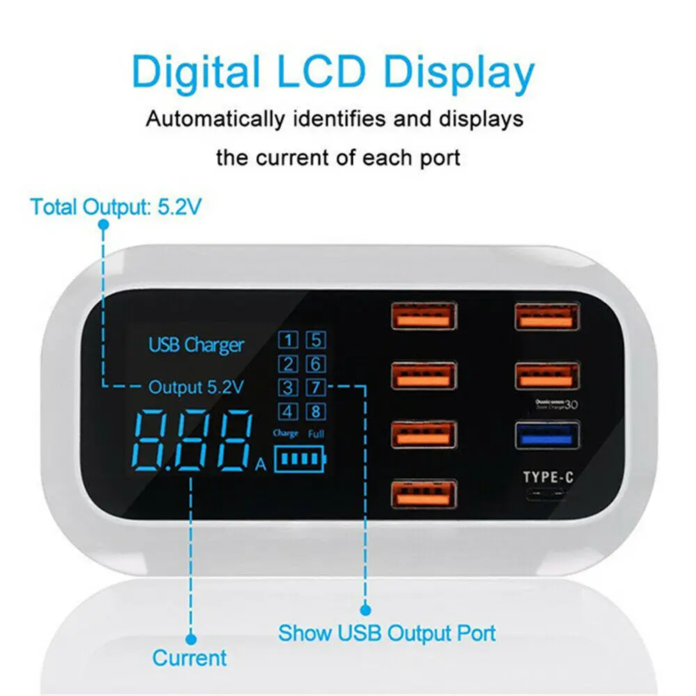 8 Port Quick Charge 3.0 Smart USB Type C Charger Station Led Display Fast Charging Phone Tablet USB Charger For iPhone Samsung