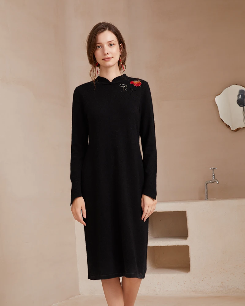 

Zhili Women's Chinese Style Knit Floral Midi Cashmere Dress Sweater