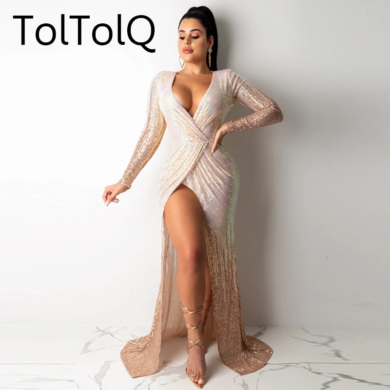 2019 Sequin Autumn Dress Sexy Paillette Vent V Neck Dress Full Dress Dresses Woman Party Night High Split Sexy Maxi Dress