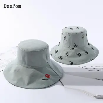 

DeePom Hat Women Bucket Hat Double Sided Embroidered Red Lips Summer Hats For Women Sun Protection Beach Hat Female Big Brim