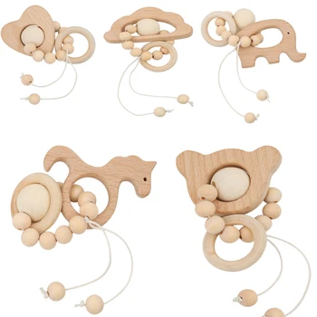 

New Baby Organic Wood Silicone Animal Shaped Beads Rattle Toy Toddler Baby Nursing Bracelets Wooden Teether Crochet Chew Beads