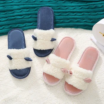 

Cute Cat Ear Indoor Slippers Women Linen Slipper Anti-slip Girls Home Floor Shoes Soft Faux Fur Ladies Fashion Slides SH431