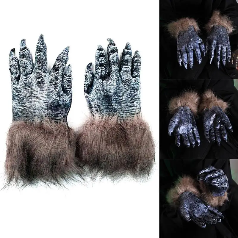 

One Pair Fashion Halloween Werewolf Wolf Paws Claws Cosplay Gloves Creepy Costume Party For Women Men 25cmx14cm