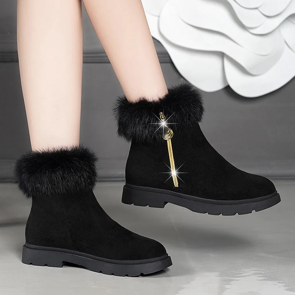 Women's solid color square high heels zipper suede warm snow boots round head suede side with snow boots#1