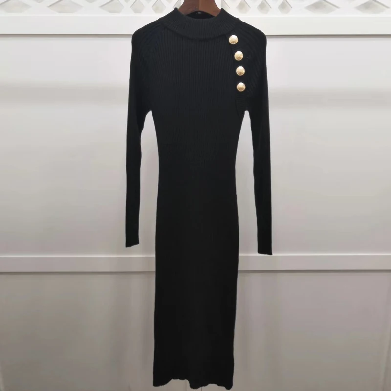 Осеннее длинное трикотажное женское платье с эластичными пуговицами и круглым вырезом, облегающие платья, модное платье с длинным рукавом, женская одежда - Цвет: Черный