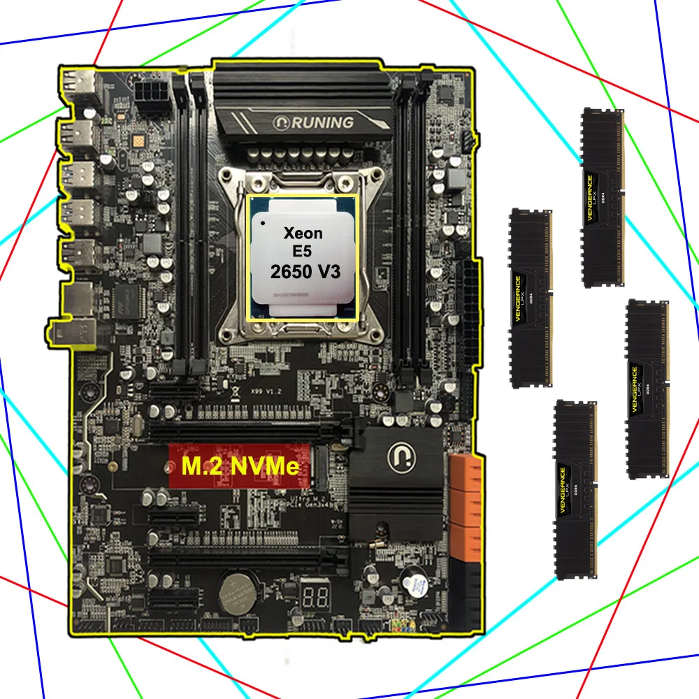 Комплект материнской платы в продаже Runing X99 LGA2011-3 материнская плата с M.2 NVMe Слот Процессор Intel Xeon 2650 V3 ram 64G (4*16G) DDR4 2400 Комплект материнской платы в продаже Runing X99 LGA2011-3 материнская плата с M.2 NVMe Слот Процессор Intel Xeon 2650 V3 ram 64G (4*16G) DDR4 2400