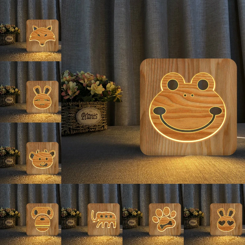 Frog Fox Bear Rabbit 3D LED Wooden Night Light Hollow Table Lamp USB Power Desk Lights For Baby Kids Christmas New Year Gift