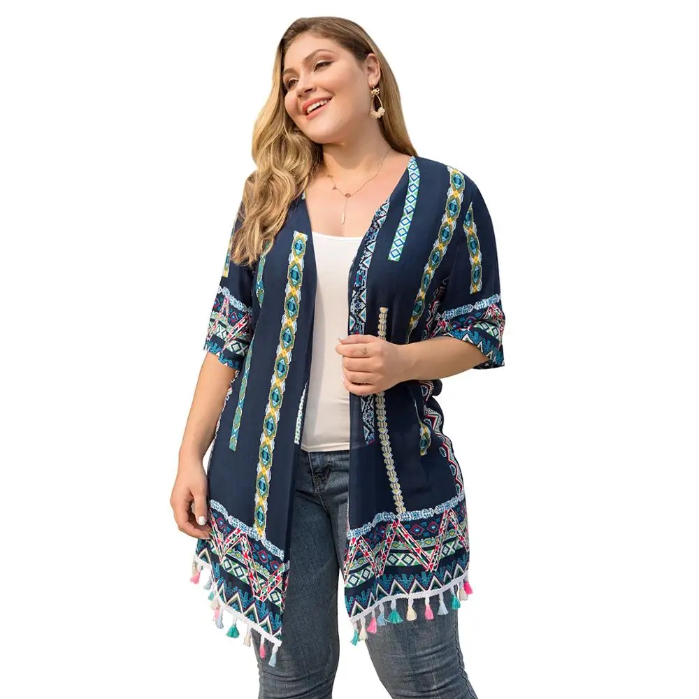 

Fringed Lace Stitching Position Print Jacket Coat Mid Sleeves Holiday Europe And America Large Size Women's Casual Cardigan Coat
