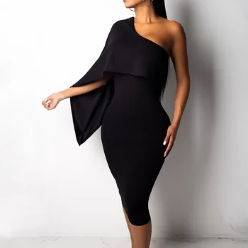 

Elegant Black Cocktail Party Dress Sexy One Shoulder Ruffles Cap Sleeve Midi Women Robe Femme Summer 2020 Bodycon Maxi Vestidos