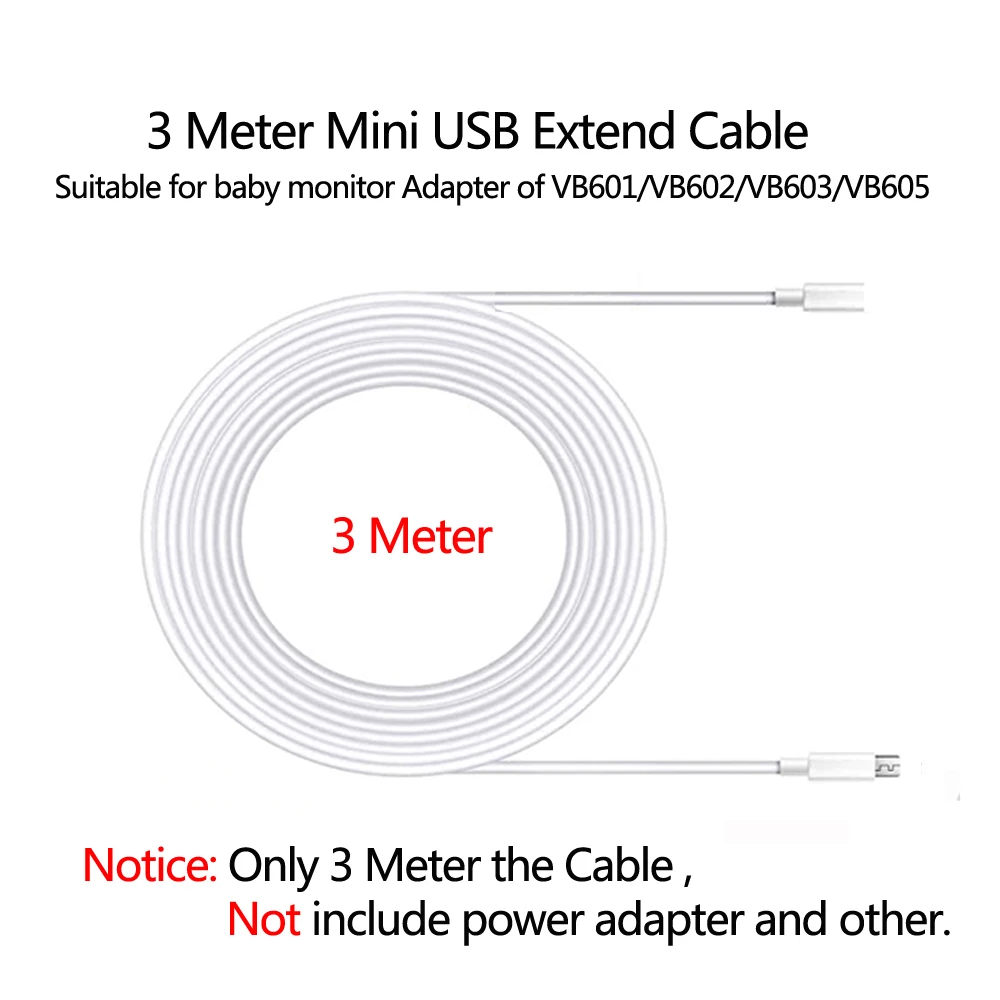 3 Meter Extension Cable Cord for Baby monitor Power Adapter VB601 VB602 VB603 VB605 VB607 Nanny Baby Camera Mini USB Connector house cameras Surveillance Items