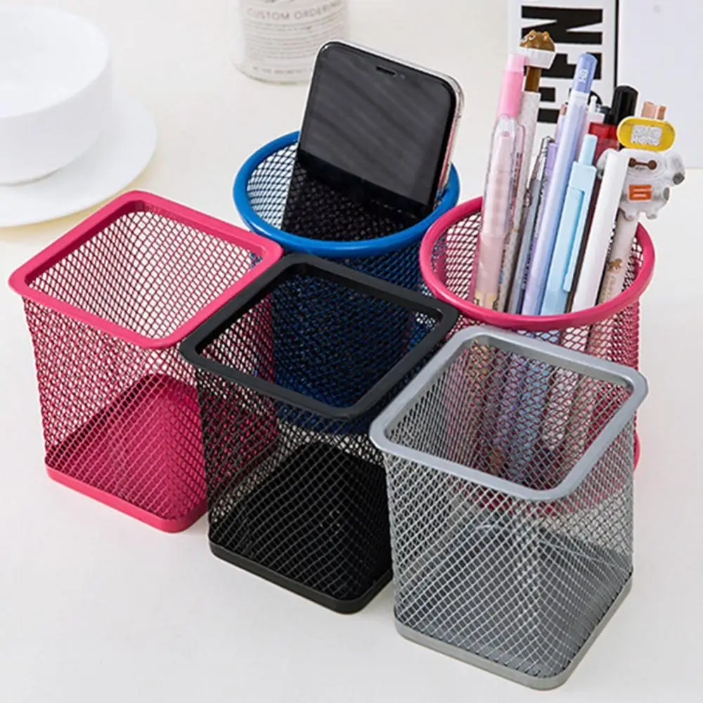 10cm Mesh Metal Pen Pencil Brush Pot Holder Storage Container Office Desk Organizer Office Storage Pencil Round/Square glasses 