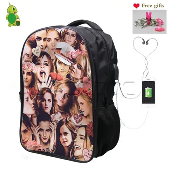 

Hogwarts Emma Watson Overlay Backpack Multifunction USB Charge Headphone Jack Laptop Backpack Women Men School Travel Bags