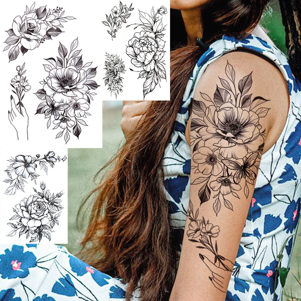 Lily Peony Rose Temporary Tattoos For Women Girls Black Flower Tattoo Sticker Fake Hand Body Arm Bouquet Realistic Tatoo Floral Temporary Tattoos Aliexpress