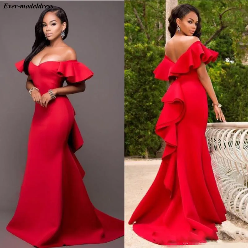 

Red Mermaid Evening Dresses 2019 Off Shoulder Sweetheart Sweep Train Lovely Formal Prom Party Gowns Robe de soiree Cheap