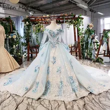 Свадебное платье с голубым кружевом, светильник, бальные платья принцессы, садовые 3D цветы, бусины, аппликация, лодочка, шея, длинный рукав, свадебные платья