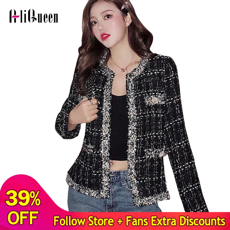 

2019 Autumn Winter Tassel Tweed Jacket Women Elegant Ladies Open Stitch Fake Pockets Design Short Coat Buffalo Plaid Jackets