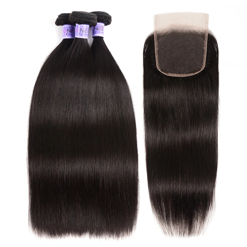 Волосы UNICE Kysiss серии 8А перуанские волосы 3/4 пряди с закрытием прямые натуральные волосы для наращивания 8-30 дюймов Пряди с закрытием