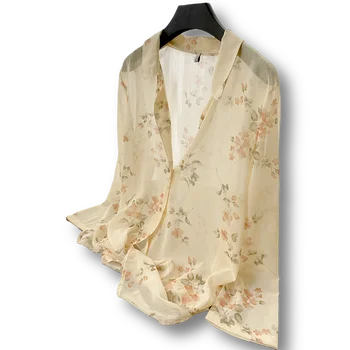 

Floral Thin Chiffon Women Shirts 2020 Summer Vintage Long-Sleeved V-Neck Long-Sleeved Lady Elegant Shirts Outwear Coat Tops