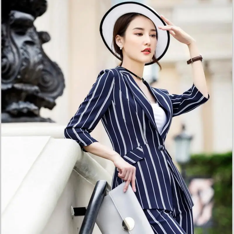 

Stripes Suit Jacket Women's Korean-style 2019 Spring And Summer New Style British-Style Suit Shorts Set Three-quarter-length Sle