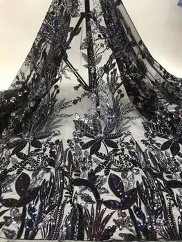 

New Design 5Yards African Handcut Organza Lace Fabric African Voile Lace With Allover Sequins black FFD-111